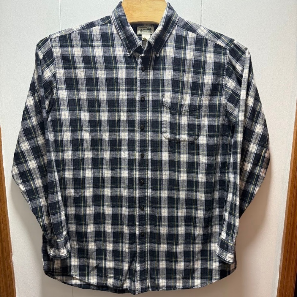 LL Bean Mens Size XL Tall XLT Flannel Shirt Navy Blue White Yellow Plaid Cotton